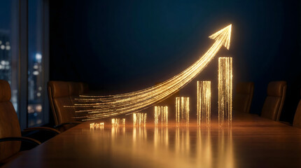 Business growth chart with glowing golden arrow on conference table
