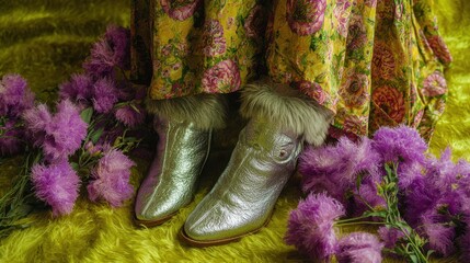 Fashion boots next to purple flowers