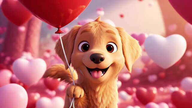 Cartoon Dog with Heart Balloons - An adorable cartoon puppy is holding a red heart-shaped balloon in a Valentine's Day themed setting.