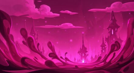 A pink, mystical, fantasy landscape with a castle and a glowing light.