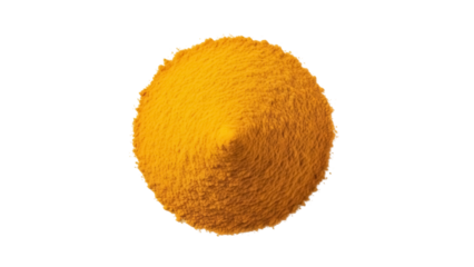 Pile of vibrant yellow turmeric powder isolated PNG, aromatic spice for cooking and traditional medicine on transparent background