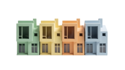 Row of colorful modern toy houses isolated PNG, miniature building models for architecture and design projects on transparent background