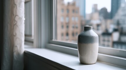 Vase on window sill overlooking city