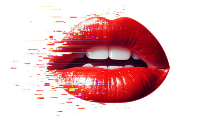 Red Woman Lips with Digital Glitch Distortion and Pixelated Effect