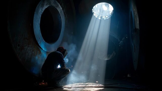 Medium shot of skilled worker welding rotary kiln shell performing essential repairs to ensure smooth operation in ceramic manufacturing
