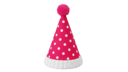 Pink party hat with white polka dots isolated PNG, festive celebration headwear for birthday or special event on transparent background