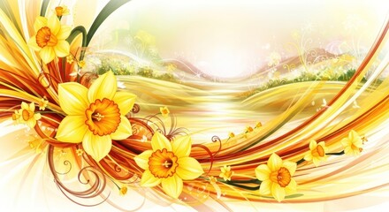 A vibrant, abstract floral and nature-themed background with a gradient of warm colors and swirling patterns.