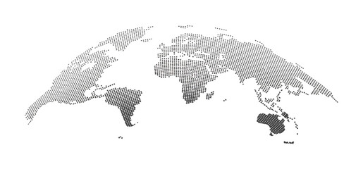 World Map Globe vector illustration of earth with dot pattern, 3D halftone pixel texture, abstract global map for international business and travel concept