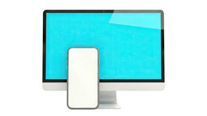 Smartphone in front of Computer Monitor with Blue Screen Mockup