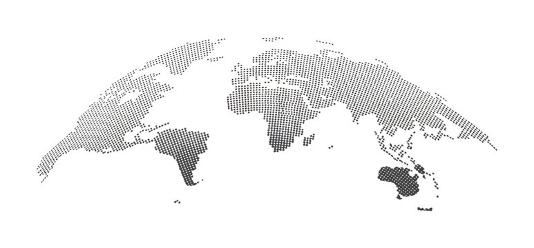 World Map Globe vector illustration of earth with dot pattern, 3D halftone pixel texture, abstract global map for international business and travel concept