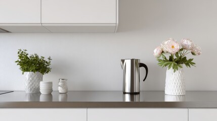 Flowers and kitchen tools on counter