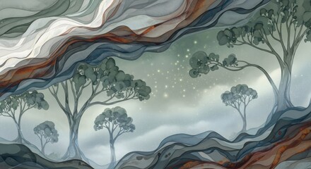 A surreal, ethereal landscape with flowing, abstract clouds and trees, set against a muted, ethereal background.