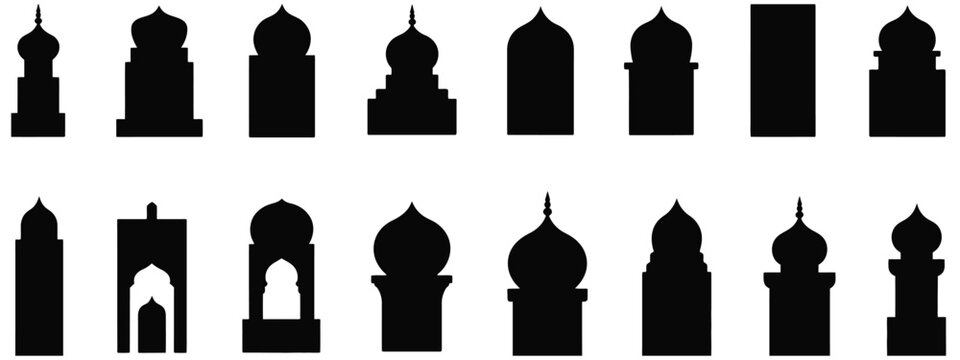 Islamic door and window vector collection, including mosque gates and window frames, ideal for eid, ramadan, diwali, and festival invitations, clean vector illustration 