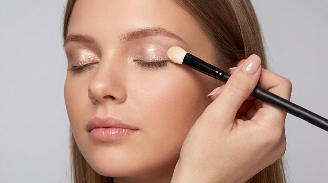 Soft neutral eye makeup application on woman with closed eyes using brush for shimmering eyeshadow and calm expression
