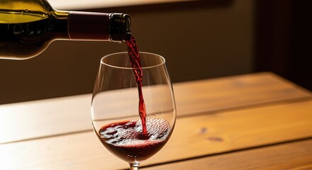 Red wine pouring from a bottle into a clear wine glass on a wooden table. Perfect for dining, restaurant menus, wine tasting events, beverage promotions, or hospitality materials.