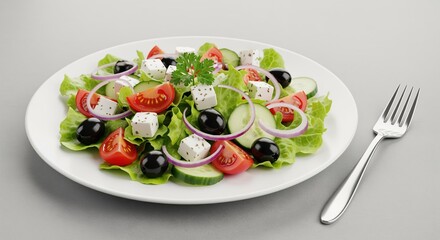 Fresh Greek salad with lettuce, tomatoes, olives, cheese, and onions on a white plate with a fork. Perfect for healthy eating, cooking, restaurant menus, or diet plans.