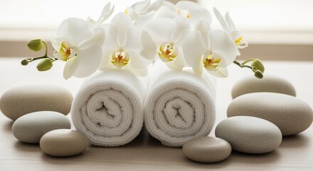 White orchid flowers rest above rolled towels and smooth stones on wooden surface. Perfect for spa, wellness, massage, beauty treatment, or relaxation themes. Soft natural tones.