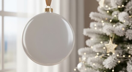 White round ornament hangs in front of a decorated Christmas tree with lights and snowy branches. Perfect for holiday greeting cards, seasonal promotions, or festive decoration themes.