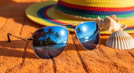 Sunglasses with palm tree reflections rest on orange beach towel beside straw hat and seashells. Perfect for summer vacation themes, travel blogs, resort marketing, and holiday advertising.