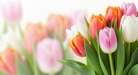 Bright tulips in pink, white, and orange shades grouped together with green stems. Soft focus background creates a gentle spring atmosphere. Perfect for greeting cards and seasonal designs.