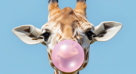 Giraffe blowing a pink bubble gum against a light blue background. Fun and playful image perfect for creative projects, humorous designs, children's content, or lighthearted marketing materials.