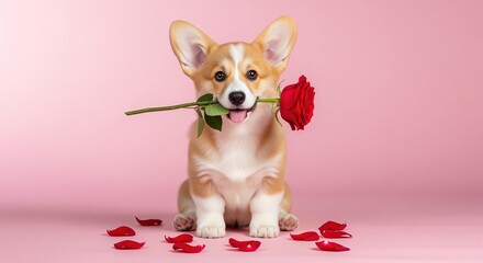 Cute corgi puppy holding a red rose in its mouth on a pink background with scattered petals. Perfect for romantic greeting cards, love messages, or pet-related content for special occasions.
