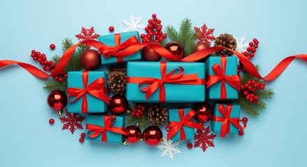 Festive holiday scene with turquoise gift boxes wrapped in red ribbons. Pine branches, ornaments, snowflakes, and pine cones create a cheerful arrangement. Perfect for seasonal greetings.