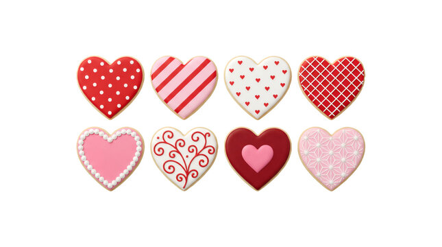 Heart shaped sugar cookie set including red, pink, and white icing patterns isolated. Sweet valentines day dessert and bakery collection.