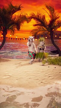 3D Animation  of Polar Bears Dancing on Tropical Beach at Sunset, Romantic Travel Getaway with Exotic Island, Palm Trees, Ocean Waves, Paradise Holiday