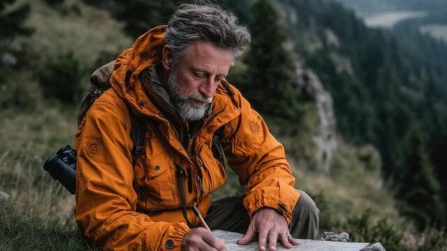 Senior Male Cartographer Sketching Trail at Scenic Viewpoint