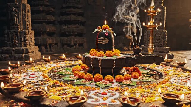 Shiva Lingam Puja Ceremony in Ancient Indian Temple