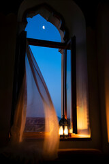 Crescent Moon Through Arched Window with Glowing Lantern Inside, Ramadan Kareem Night, Jumma Mubarak Serenity, Peaceful Evening Reflection
