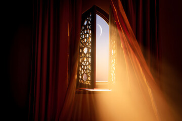 Golden Light Through Latticed Window with Crescent Moon, Ramadan Kareem Ambiance, Jumma Mubarak Peace, Islamic Architectural Beauty