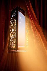 Golden Light Through Latticed Window with Crescent Moon, Ramadan Kareem Ambiance, Jumma Mubarak Peace, Islamic Architectural Beauty