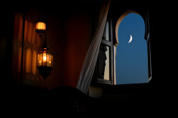 Crescent Moon Through Arched Window with Glowing Lantern Inside, Ramadan Kareem Night, Jumma Mubarak Serenity, Peaceful Evening Reflection