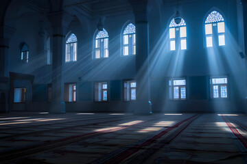 Sunlight Beams Through Arched Windows in Grand Mosque Interior, Ramadan Kareem Dawn, Jumma Mubarak Calm, Sacred Stillness