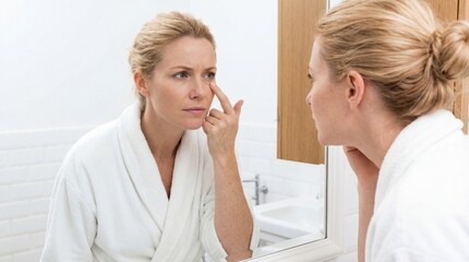 Woman in bathrobe examining facial skin in mirror with concerned expression touching wrinkle near eye