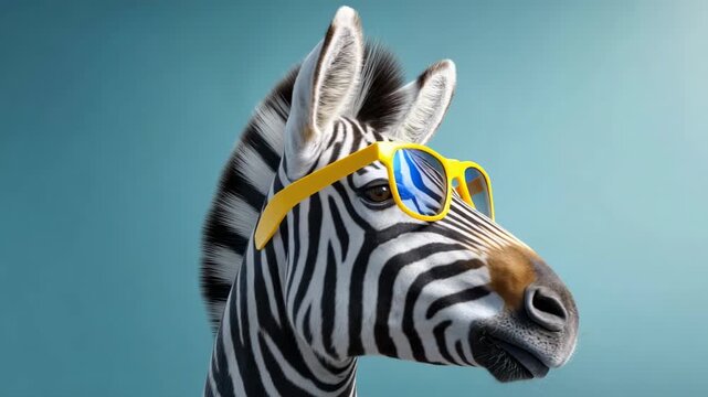 Stylish zebra wearing bright yellow sunglasses looks directly at the camera then slowly turns its head to the side against a solid turquoise background in a studio setting