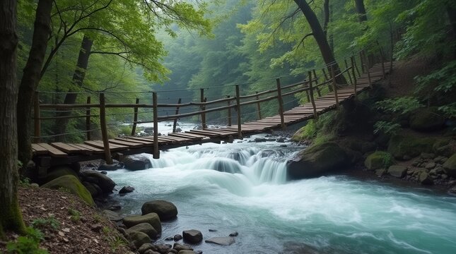 Broken wooden suspension bridge hanging over rushing river water
