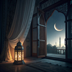 Glowing Lantern in Open Doorway with Crescent Moon Over Mosque Minarets, Ramadan Kareem Night, Jumma Mubarak Serenity, Peaceful Evening Reflection