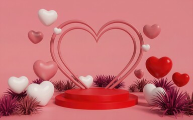 Romantic 3d render featuring heart arch, podium, and floating hearts for valentine's day celebration