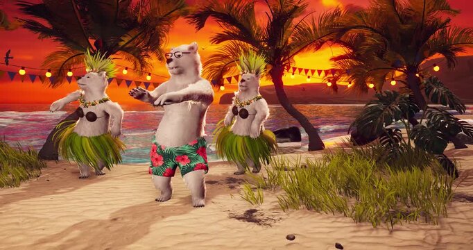 3D Animation  of Polar Bears Dancing on Tropical Beach at Sunset, Romantic Travel Getaway with Exotic Island, Palm Trees, Ocean Waves, Paradise Holiday