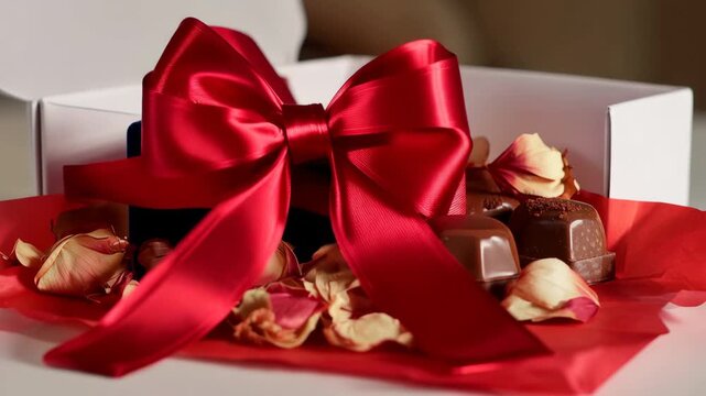 Close-up ASMR of premium Valentine's gift box assembly with invisible hands. Satisfying luxurious e-commerce branding, subscription box unboxing