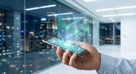 Hand holding phone with medical dna hologram projection