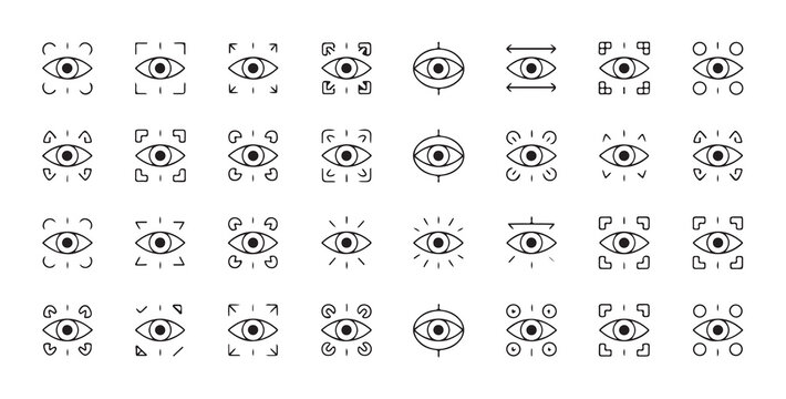 Collection of simple linear eye icons with surrounding focus or viewing indicators for interface design