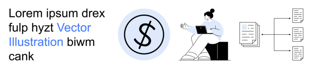 Obraz premium Finance, workflow organization, data management, online work, digital processes, information flow. Dollar symbol, woman using a laptop flowchart with connected documents. Finance and workflow
