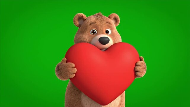 Cartoon Bear Holding Heart on Green Screen - This video shows a cute 3D cartoon bear holding a large red heart against a bright green background.