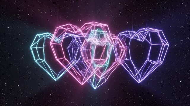 Abstract Neon Crystal Cluster in Space - Three abstract crystal-shaped objects hang in space with a starfield background.