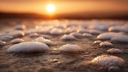 Golden sunset over shimmering sea foam bubbles on the water surface