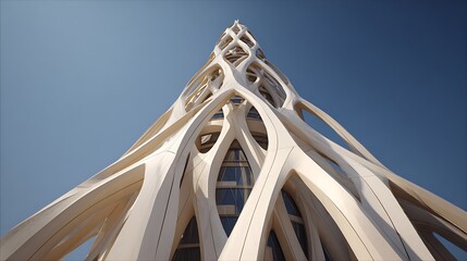 Modern architectural tower with unique curved beige structure against clear blue sky showcasing innovative design and futuristic style